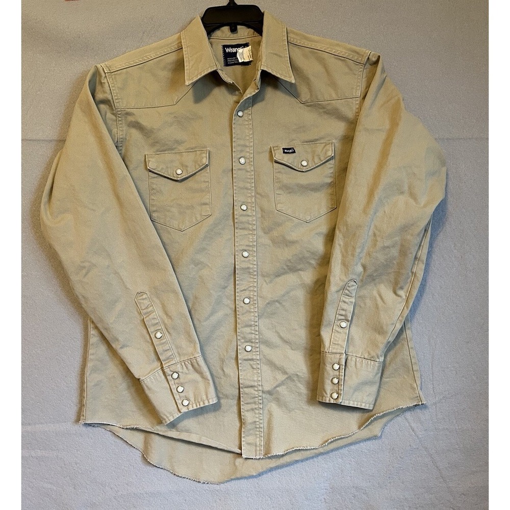Wrangler Pearl Snap Heavy Khaki Denim Work BrushPopper Shirt Mens 17x36 USA READ